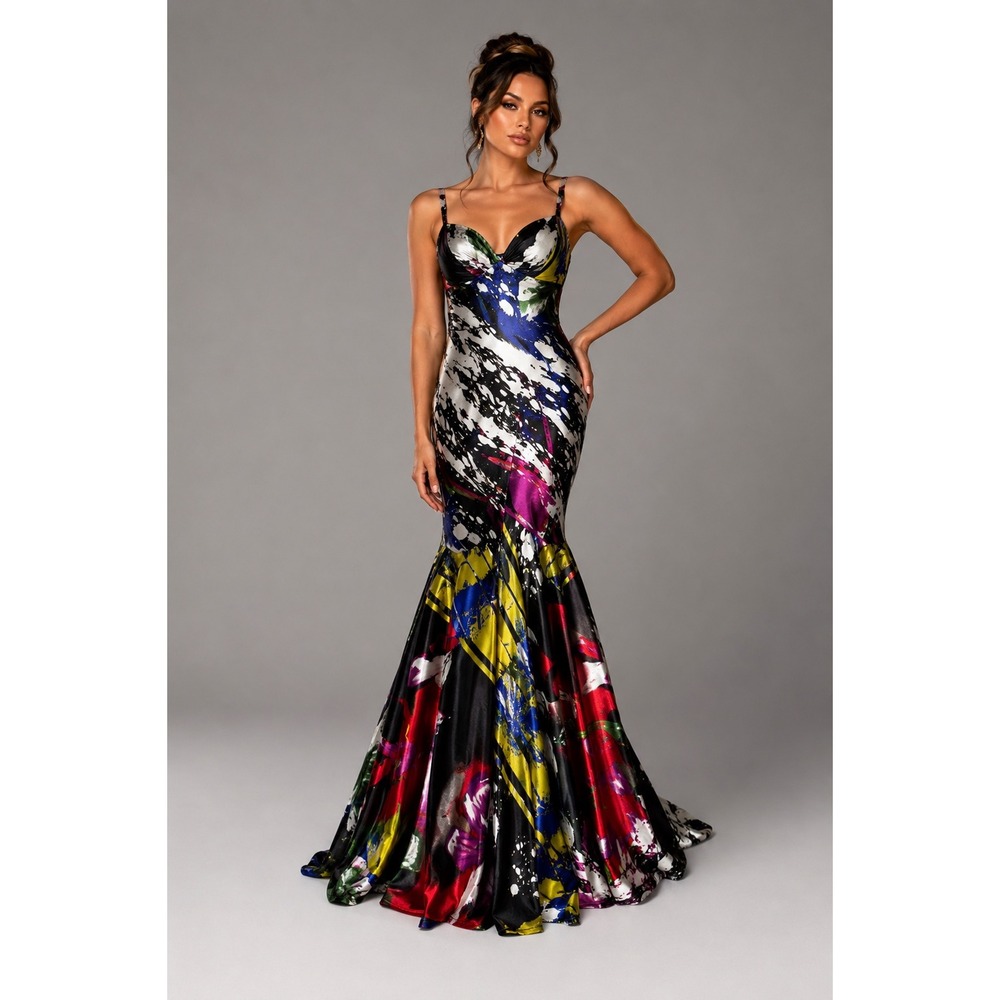 Mary L Couture Abstract Floral Satin Mermaid Gown Dress Multi-Color Size 8